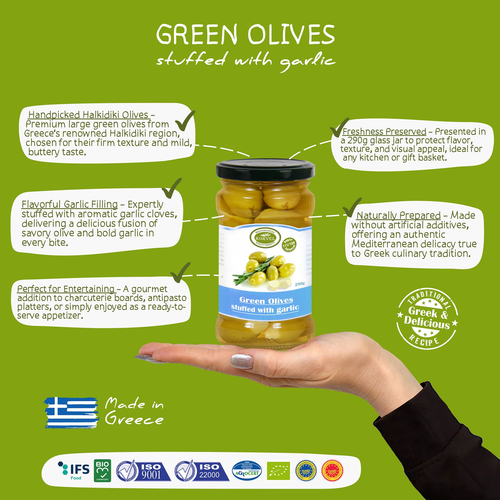 KORVEL Greek Green Halkidiki Olives stuffed with Garlic, Super Colossal, 10.65 oz - Korvel