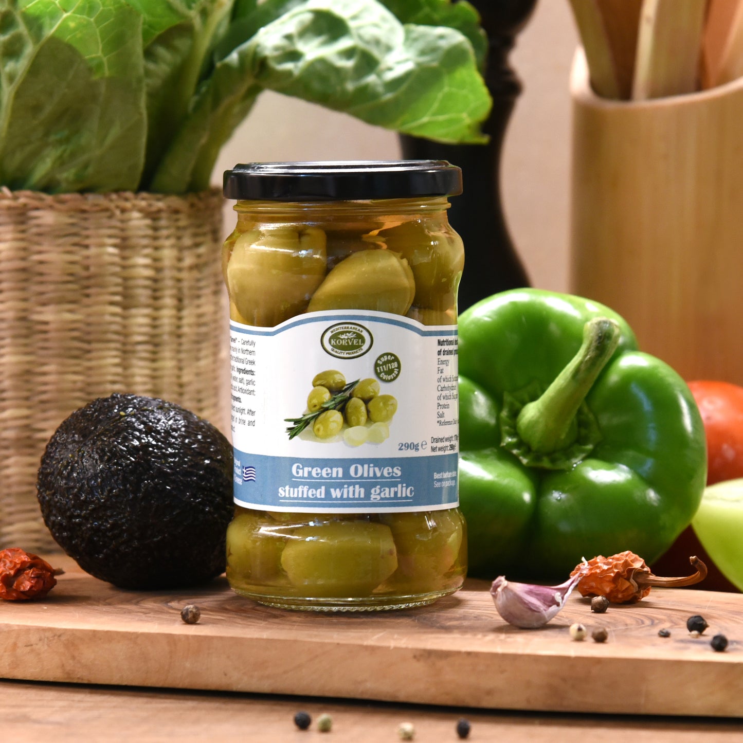 KORVEL Greek Green Halkidiki Olives stuffed with Garlic, Super Colossal, 10.65 oz - Korvel