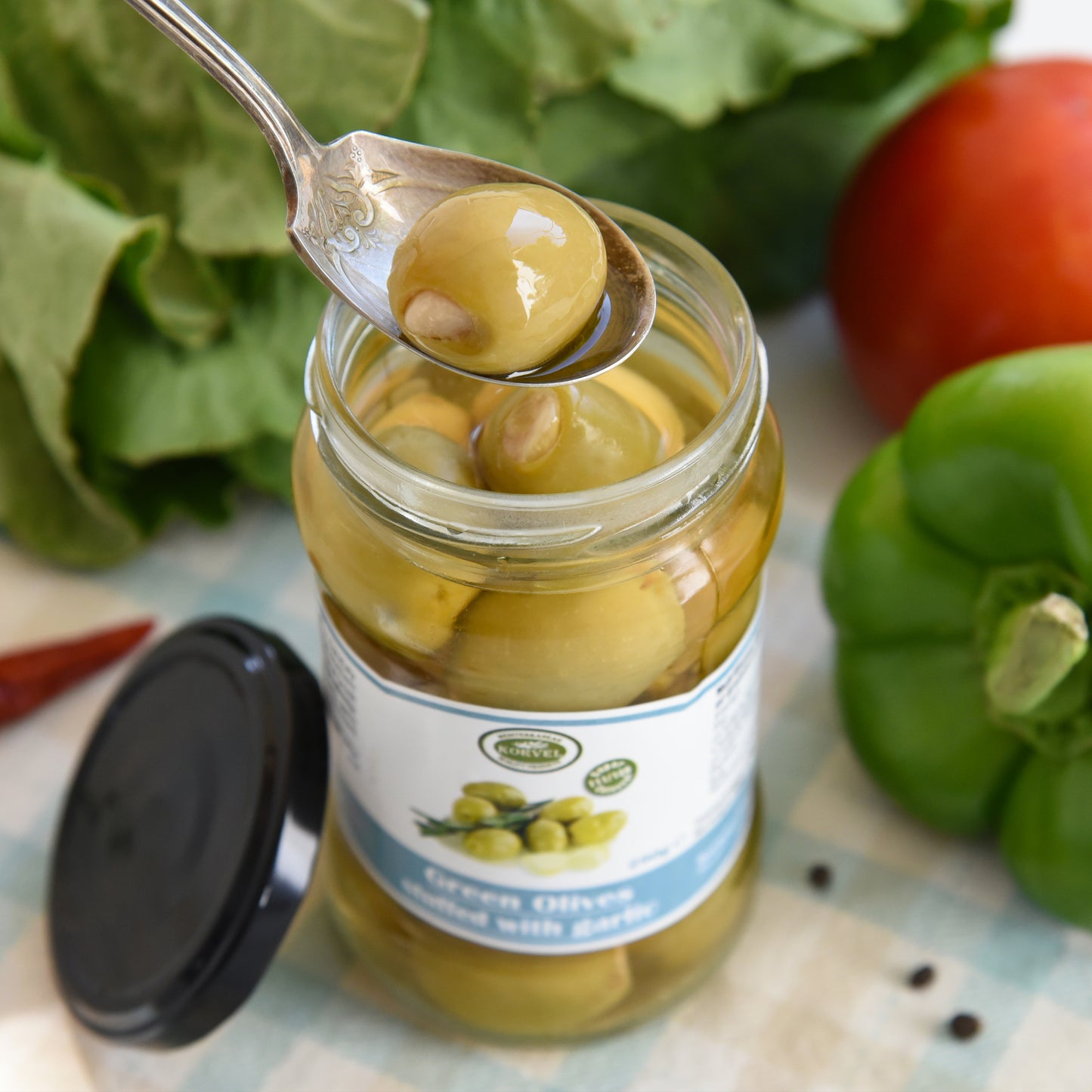 KORVEL Greek Green Halkidiki Olives stuffed with Garlic, Super Colossal, 10.65 oz - Korvel