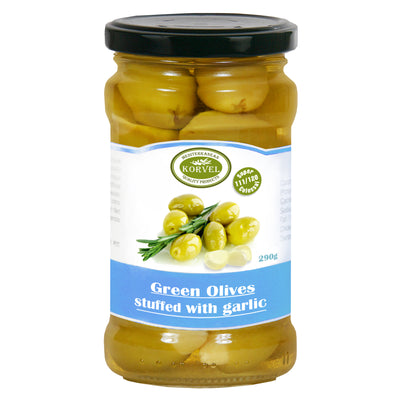 KORVEL Greek Green Halkidiki Olives stuffed with Garlic, Super Colossal, 10.65 oz
