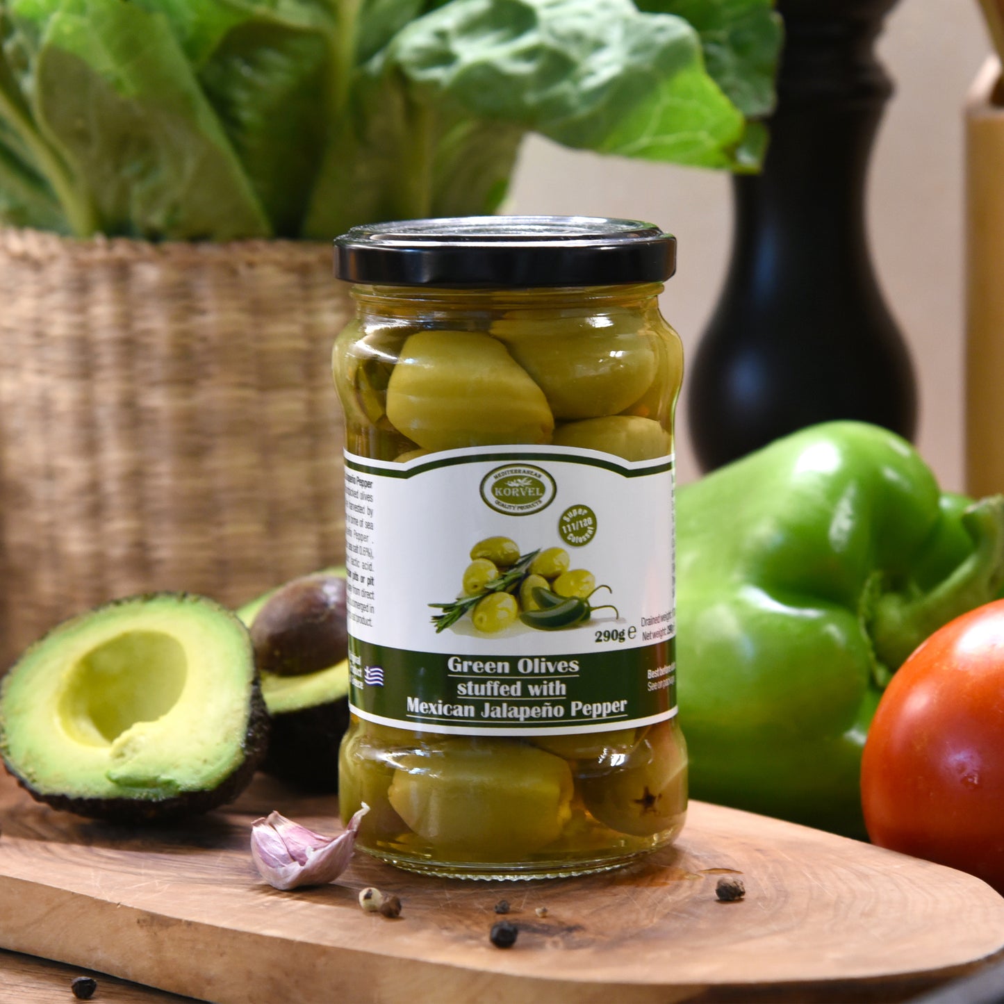 KORVEL Greek Green Halkidiki Olives stuffed with Jalapeno, Super Colossal, 10.65 oz