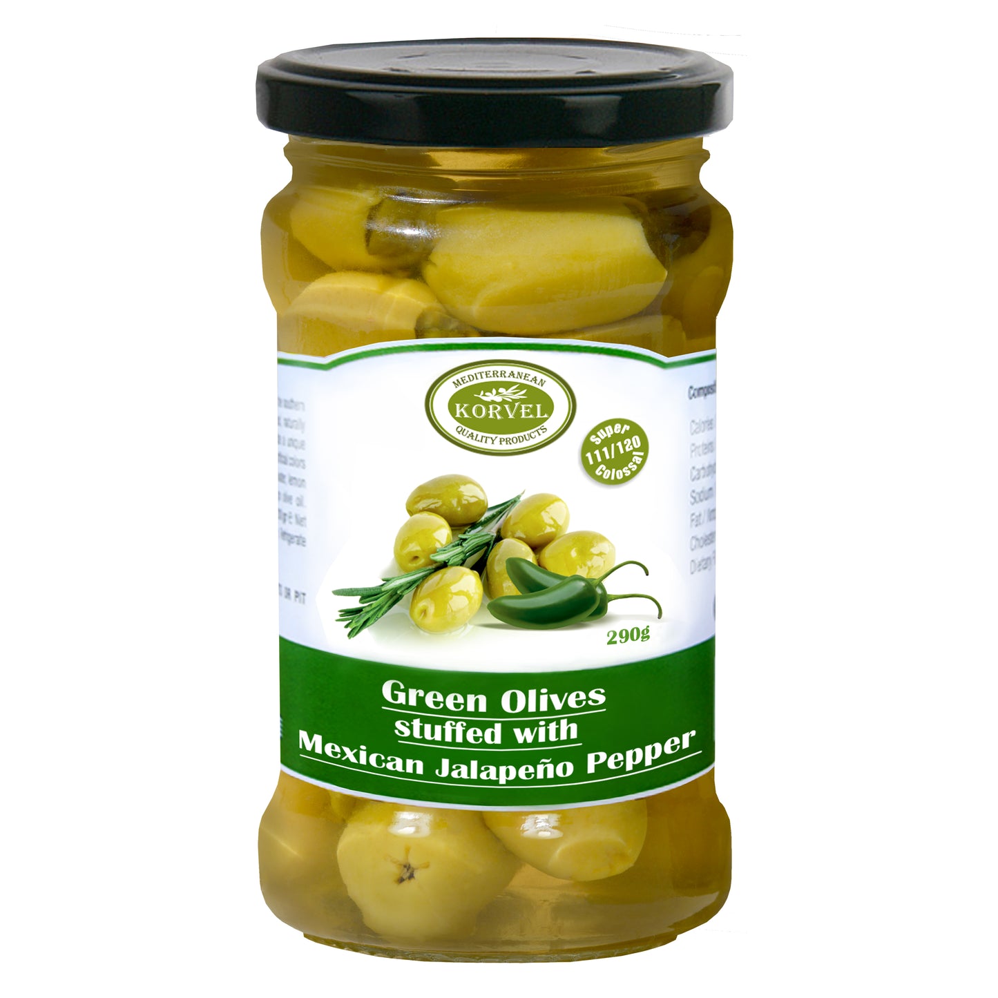 KORVEL Greek Green Halkidiki Olives stuffed with Jalapeno, Super Colossal, 10.65 oz