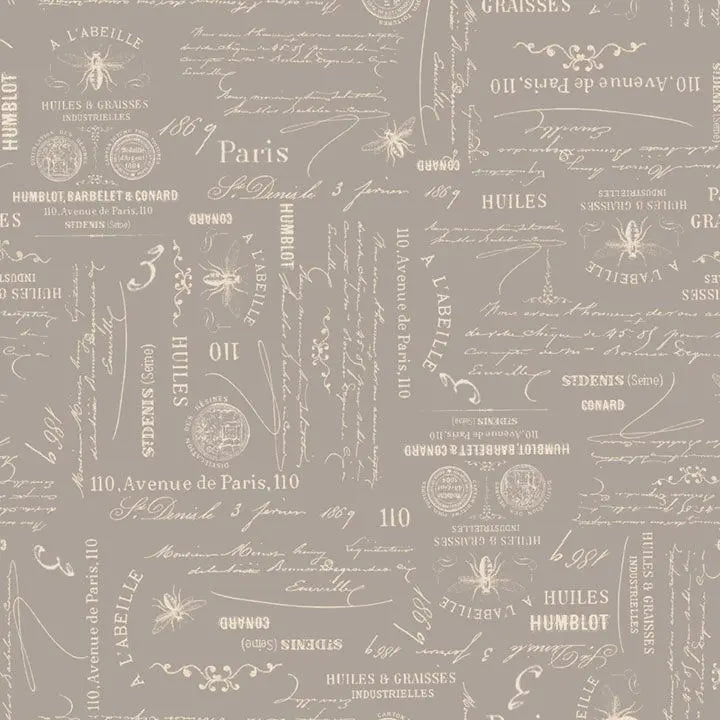 Grey Charcoal Bee Script Cotton Wideback Fabric