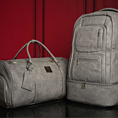 Stylish Grey Tumbled Leather Travel Bag Set - Backpack & Duffle - Korvel
