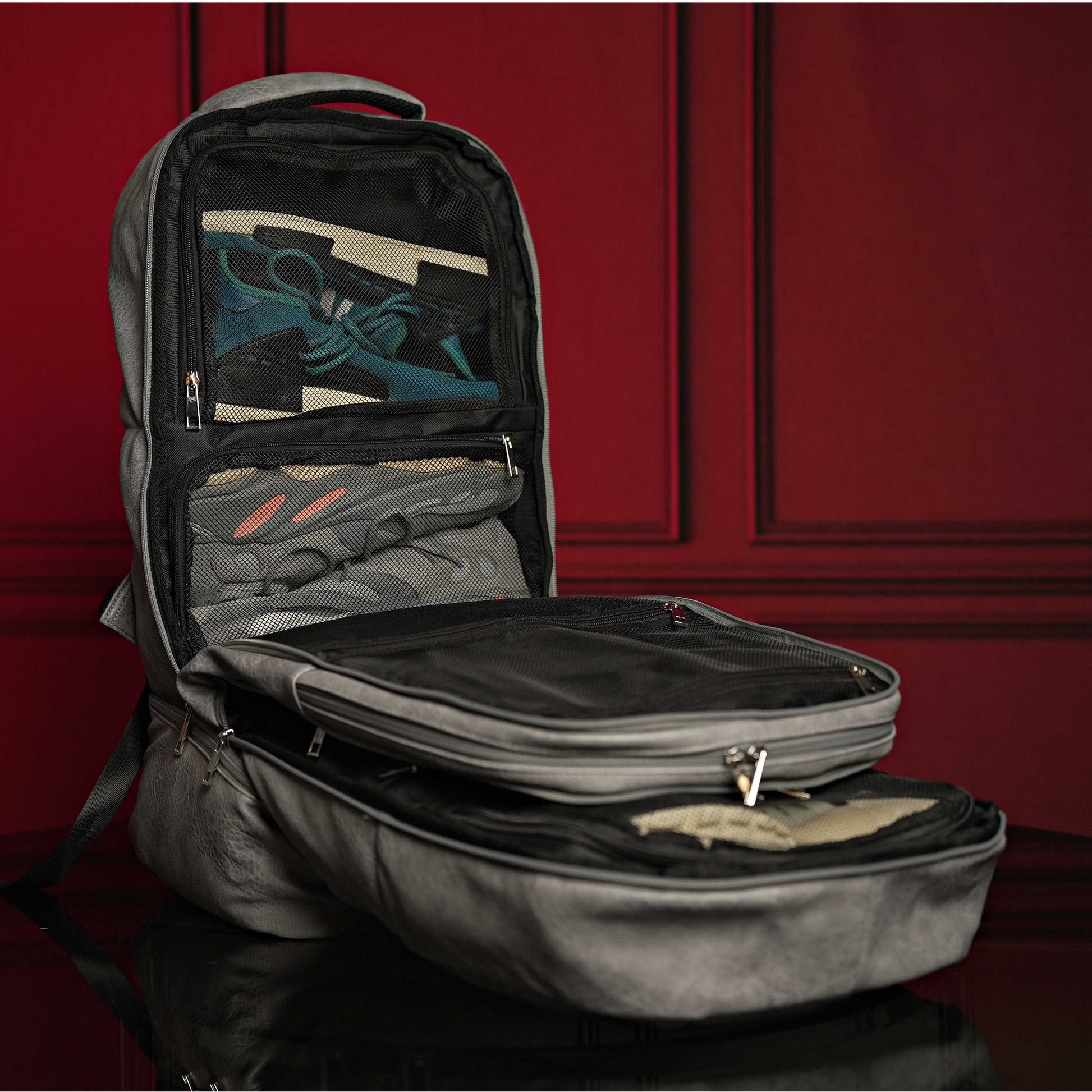 Stylish Grey Tumbled Leather Travel Bag Set - Backpack & Duffle - Korvel