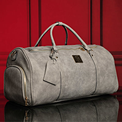Stylish Grey Tumbled Leather Weekend Travel Duffle Bag - Korvel
