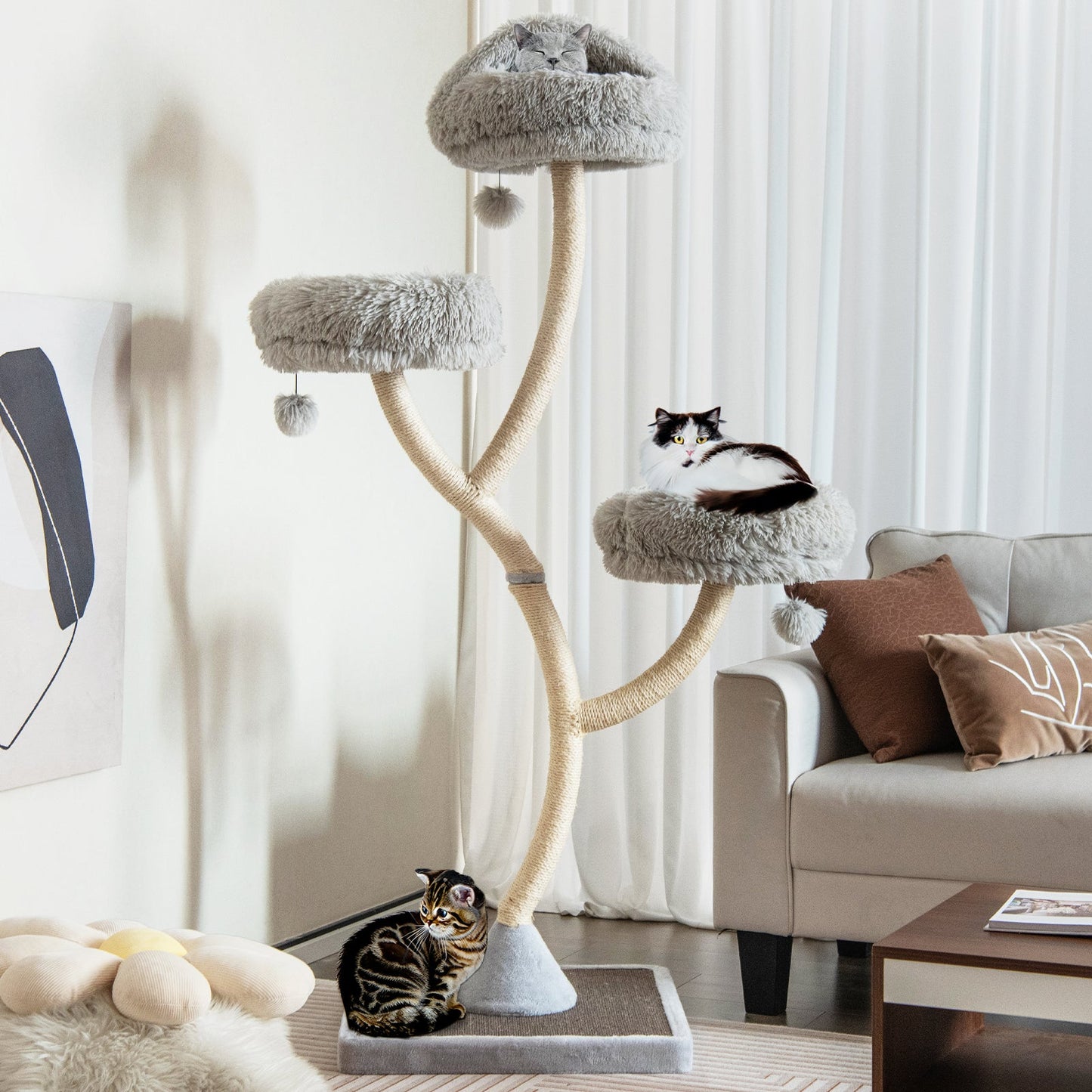 70 Inch Tall Cat Tree with 4 Layers and 3 Perches - Gray