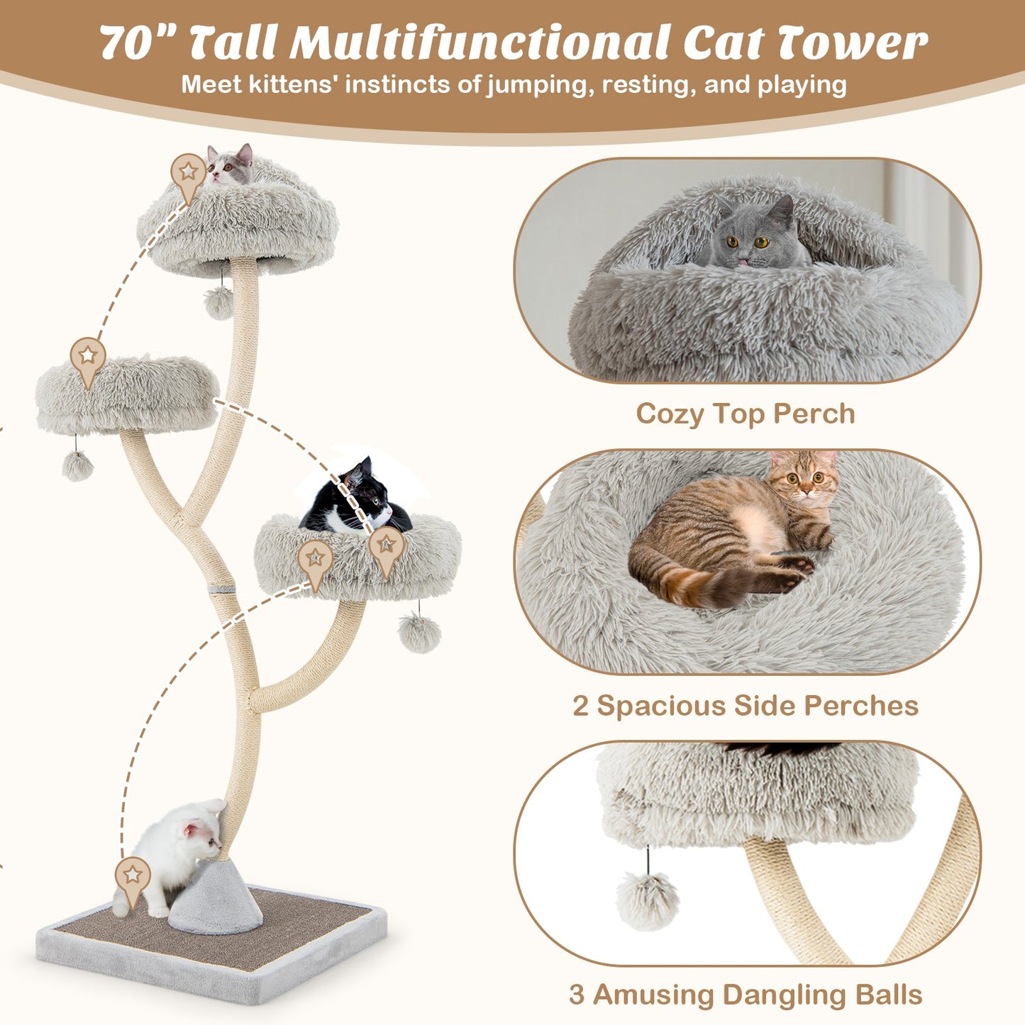 70 Inch Tall Cat Tree with 4 Layers and 3 Perches - Gray
