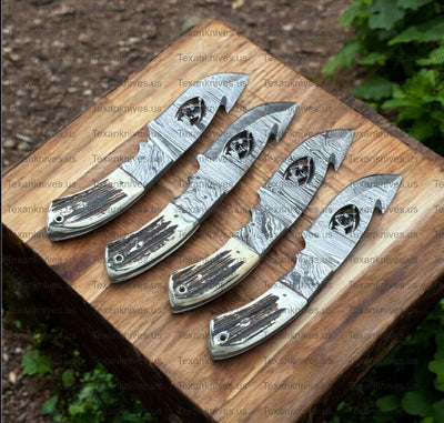 Premium Custom Damascus Guthook Hunter Knife – Stag Horn Handle - Korvel