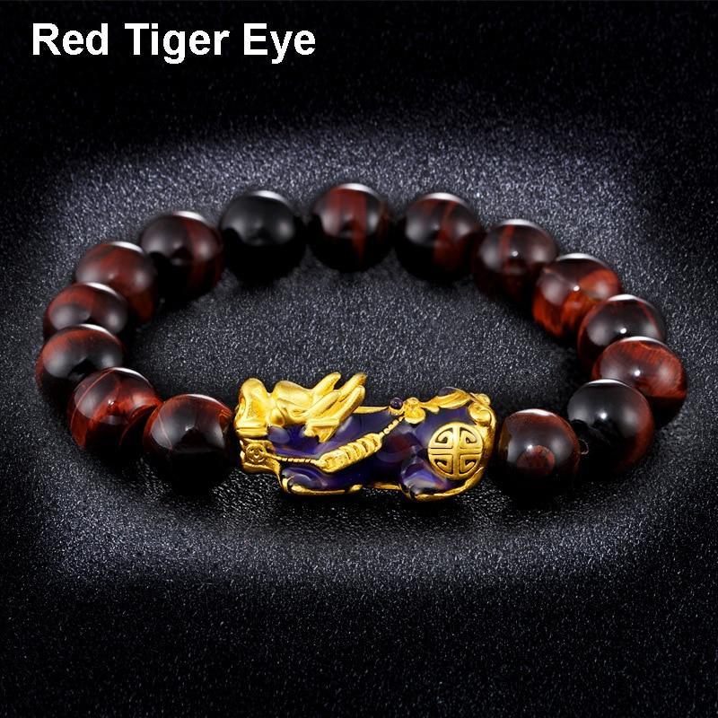 Obsidian Stone Beads Bracelet - Unisex Gold Black Pixiu Design