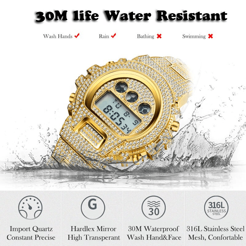 Montre numérique quartz LED dorée de luxe pour hommes
