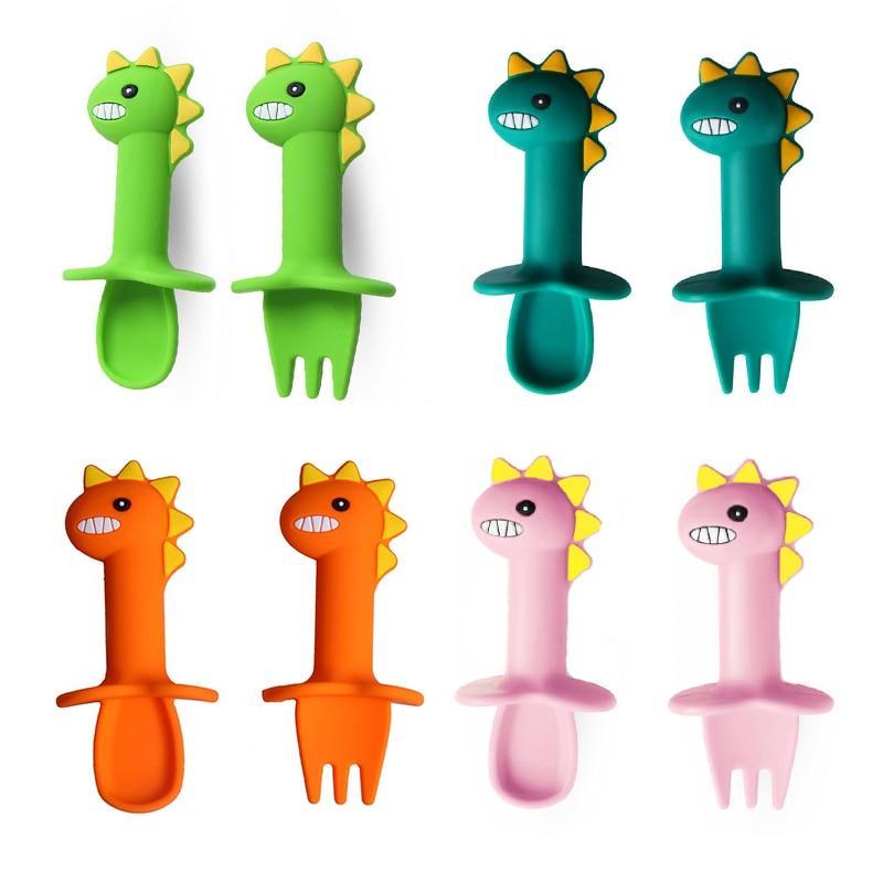 Soft Silicone Baby Feeding Spoon and Fork Set - Cartoon Dinosaur