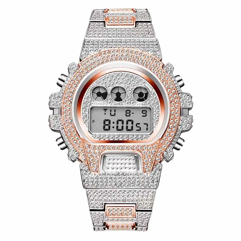 Montre numérique quartz LED dorée de luxe pour hommes