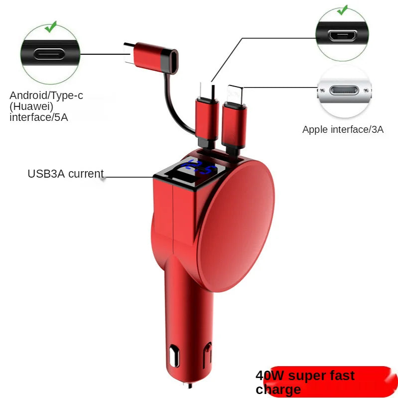 Vogek 3-in-1 Car Charger 60W Super Fast Charging for iPhone Xiaomi Huawei Samsung with Telescopic Charging Cables and Adapters - Korvel