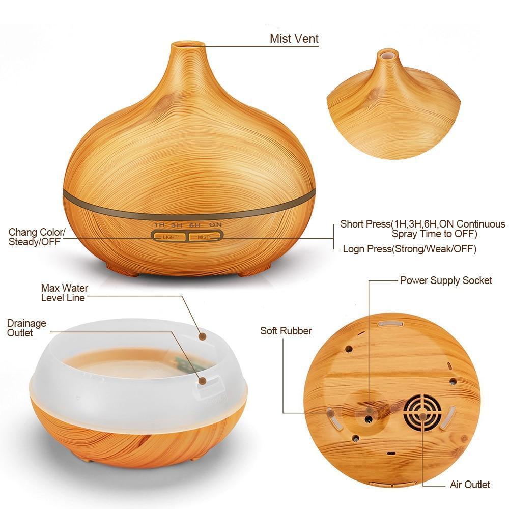 Humidificador de Aire Aroma de 550ml y Difusor de Aceites Esenciales - Grano de Madera