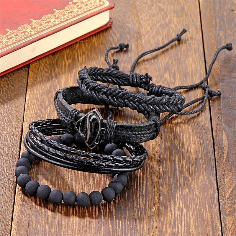 Vintage Black Bead Leather Bracelet for Men and Women