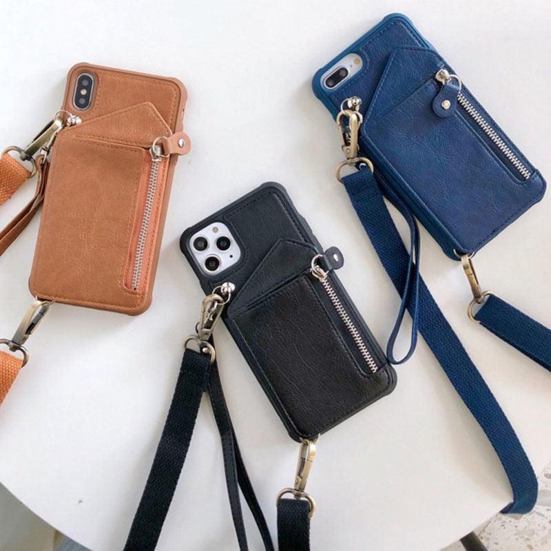 Funda cruzada de cuero de lujo con correa para billetera para iPhone