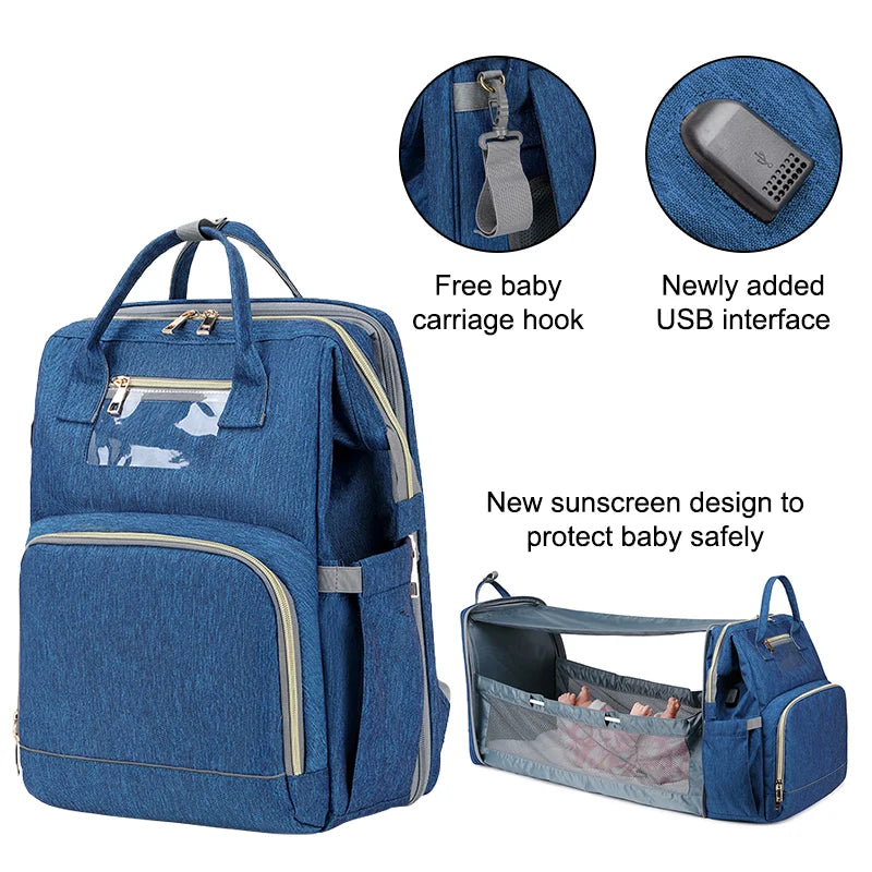 USB Diaper Bags Backpack Foldable Sunscreen Baby Bed Crib Bag Large Capacity Insulation Nursing Stroller Bag With Changing Mat - Korvel