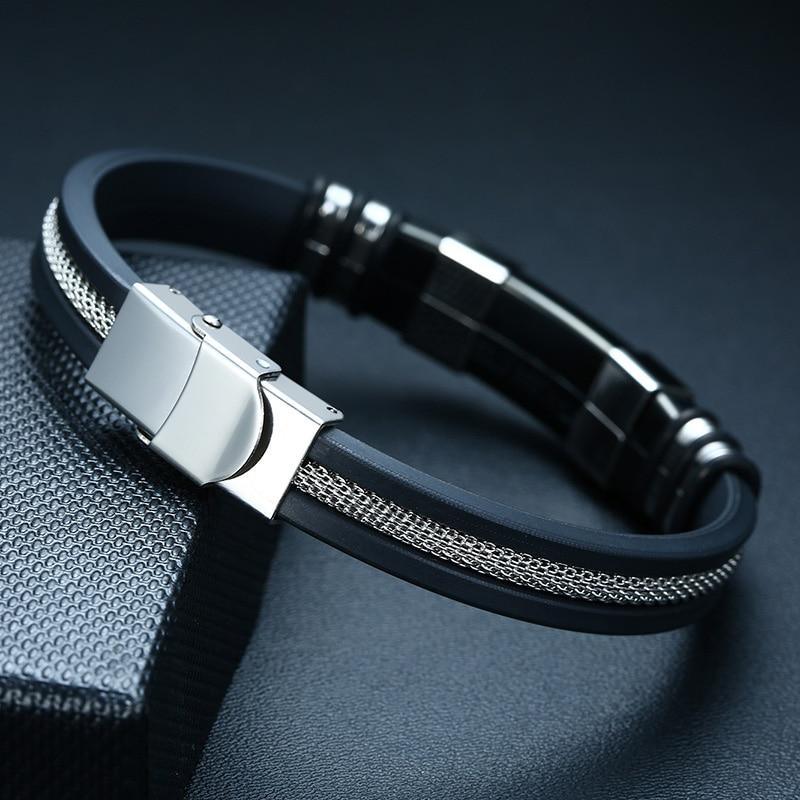 Pulsera de Acero Inoxidable para Hombre con Estrías Negras y Elegantes