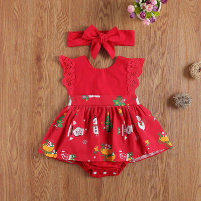 Baby Girls Lace Ruffle Dress with Cartoon Print & Headband