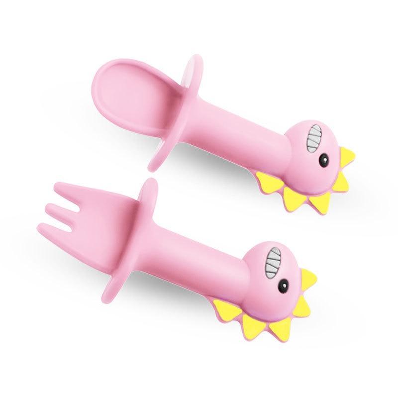 Soft Silicone Baby Feeding Spoon and Fork Set - Cartoon Dinosaur