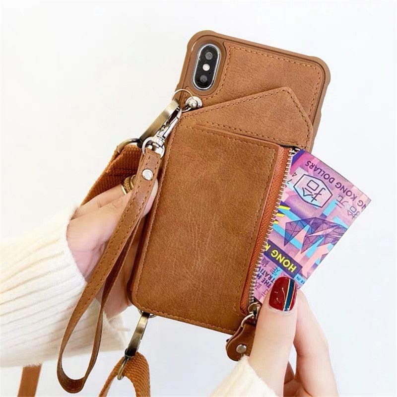 Funda cruzada de cuero de lujo con correa para billetera para iPhone
