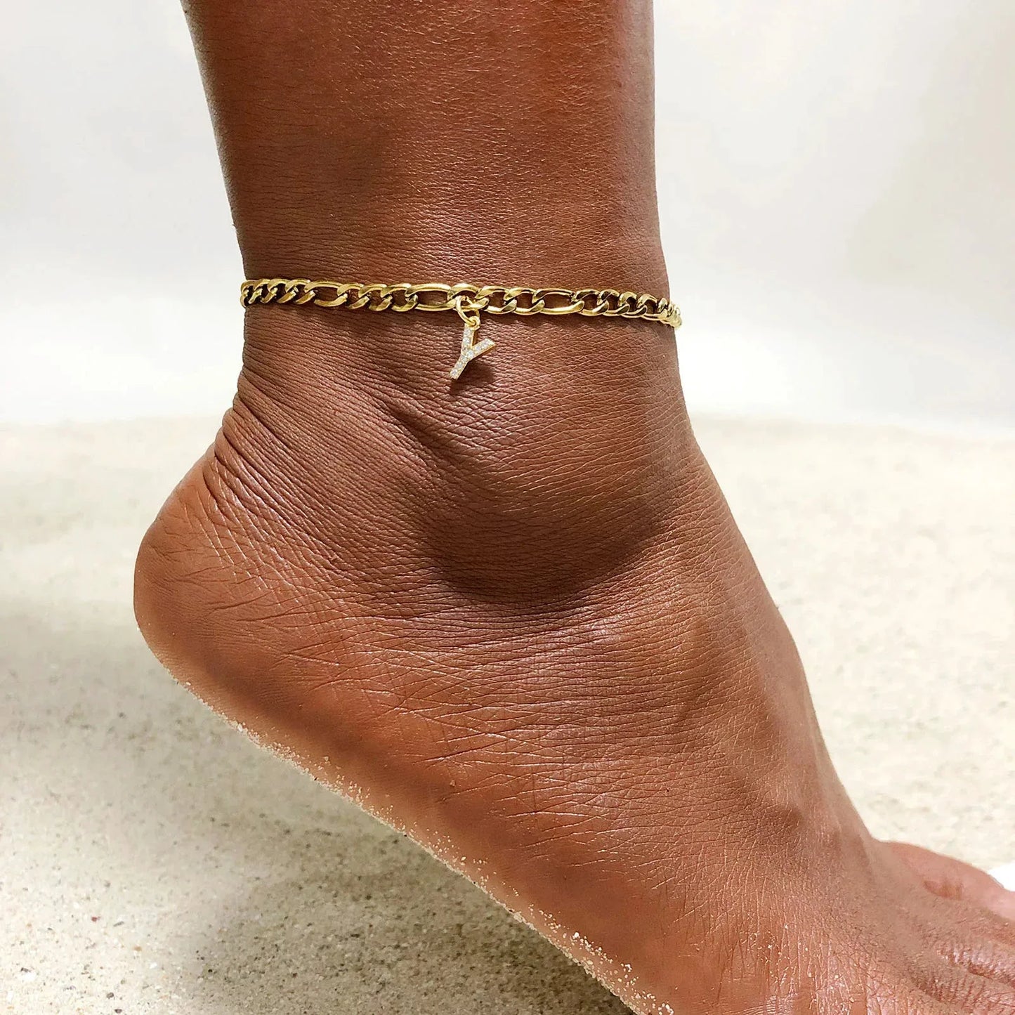 Pulsera de Tobillo Inicial A-Z de Cristal Mandotos para Mujeres - Eslabones Cubanos Dorados