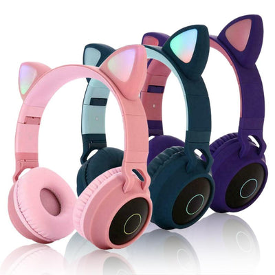 Stevvex Kids' Wireless Bluetooth Cat Ear Headphones - Foldable & Adjustable (Pink) - Korvel