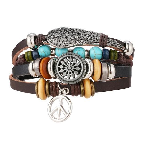 Vintage Black Bead Leather Bracelet for Men and Women