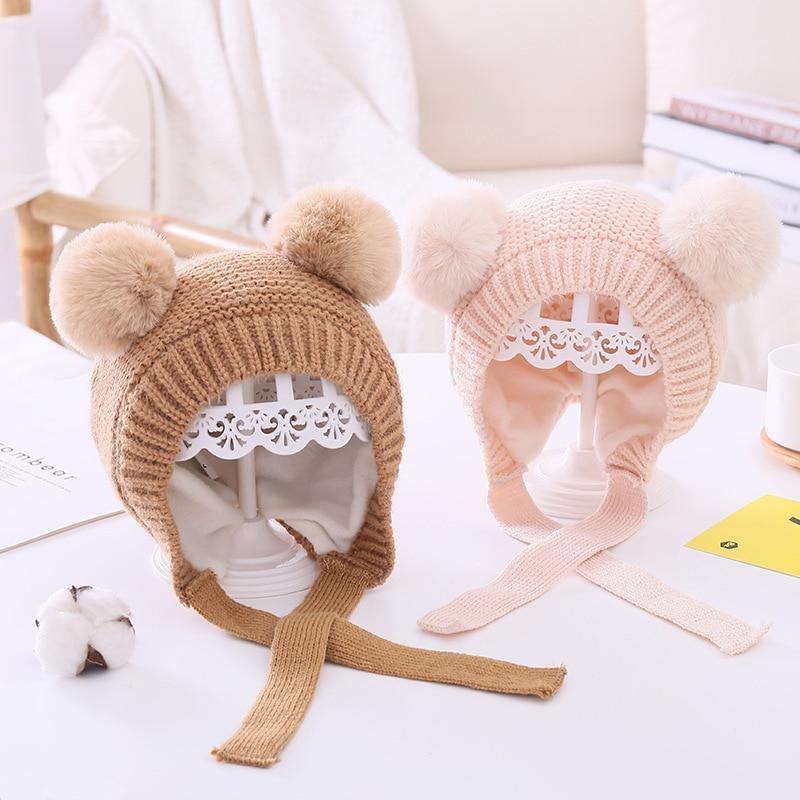 Handmade Modern Trend Winter Knitted Baby Hat with Double Pompoms