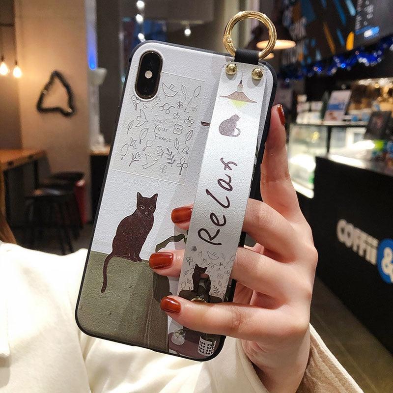 Cartoon Cat Wrist Strap Phone Case for iPhone