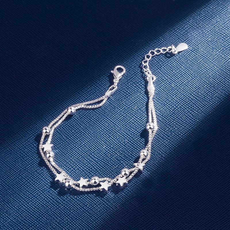 Elegant 925 Sterling Silver Double Layer Star Bead Bracelet for Women