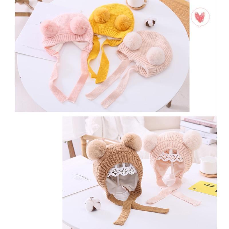Handmade Modern Trend Winter Knitted Baby Hat with Double Pompoms