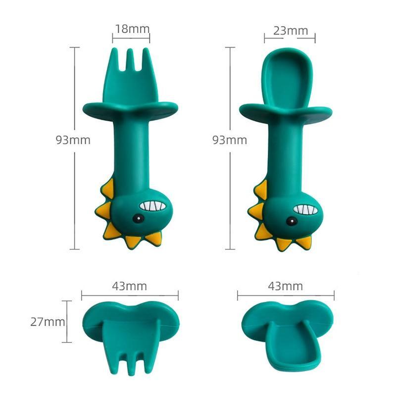 Soft Silicone Baby Feeding Spoon and Fork Set - Cartoon Dinosaur