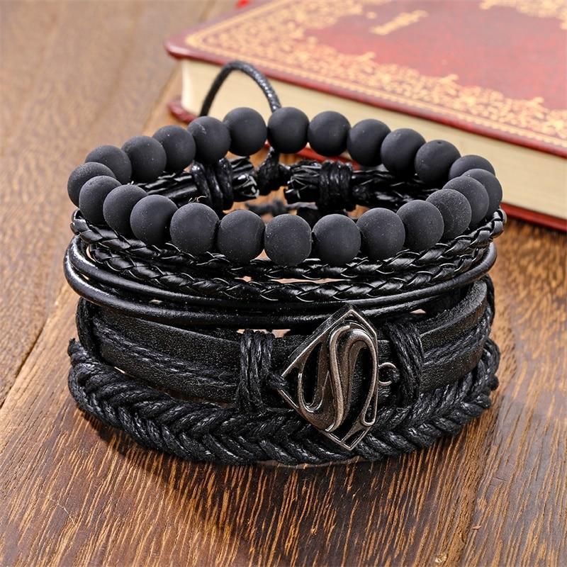Vintage Black Bead Leather Bracelet for Men and Women