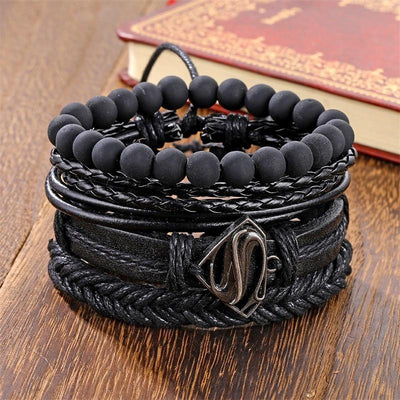 Vintage Black Bead Leather Bracelet for Men and Women