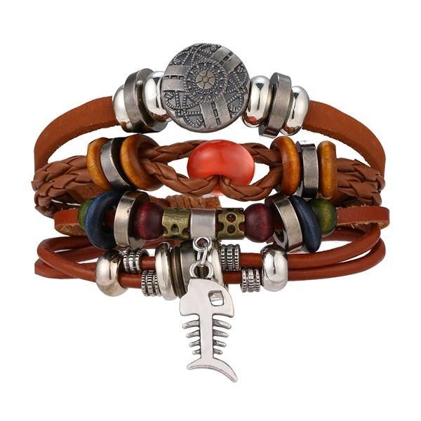 Vintage Black Bead Leather Bracelet for Men and Women