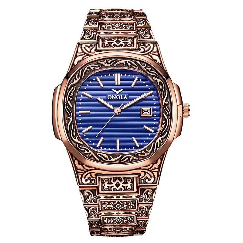 ONOLA Luxury Retro Golden Stainless Steel Watch for Men