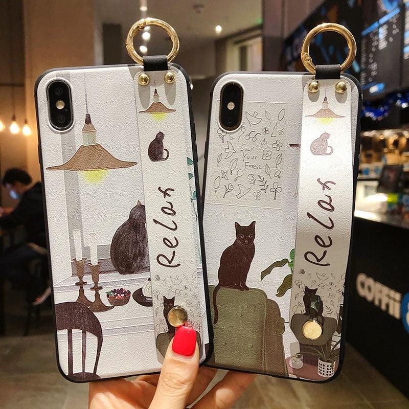 Cartoon Cat Wrist Strap Phone Case for iPhone