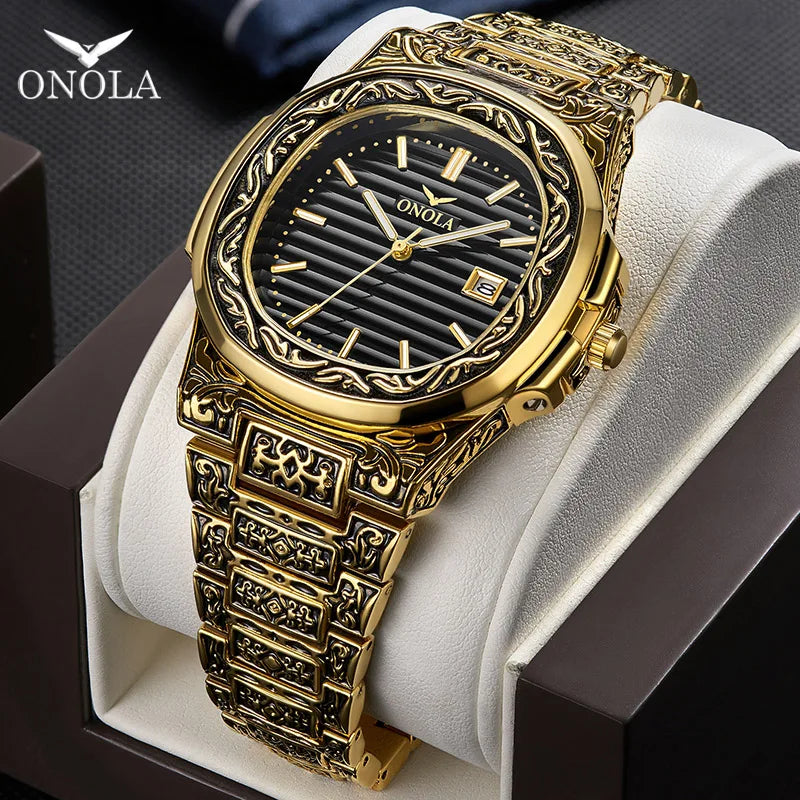 ONOLA Luxury Retro Golden Stainless Steel Watch for Men
