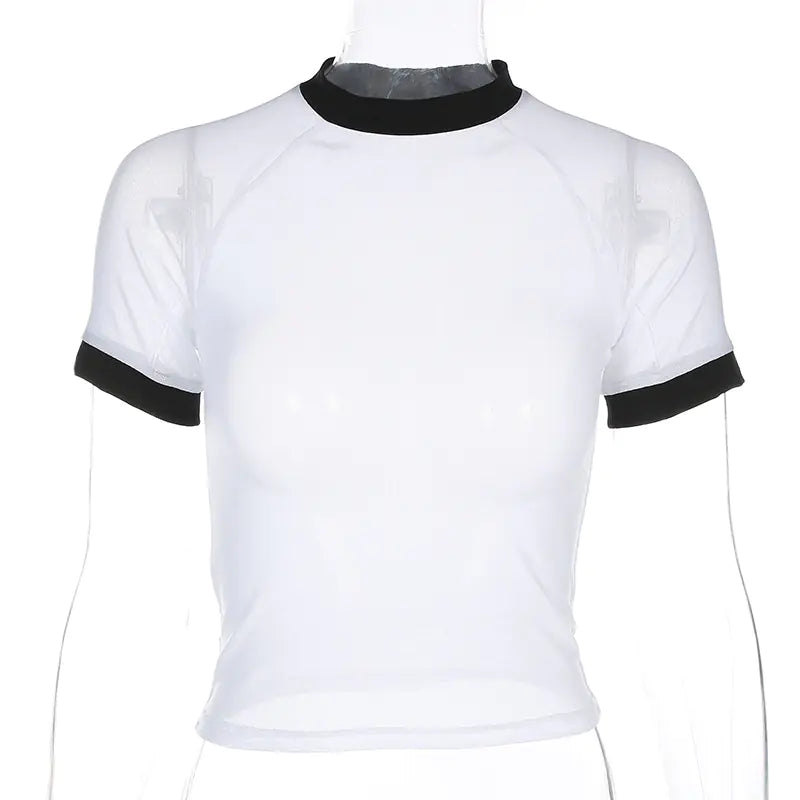 T-shirt en mesh transparent noir et blanc tendance pour femmes