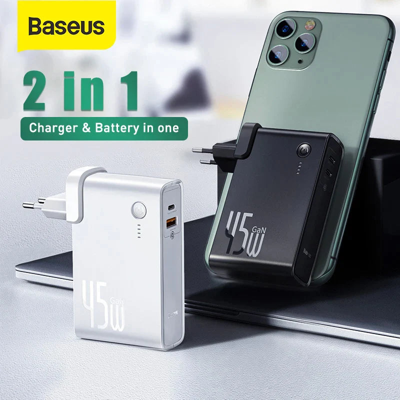 Baseus GaN Power Bank Charger 10000mAh 45W USB C PD Fast Charging 2 in 1 Charger & Battery as One ForiP 11 Pro Laptop ForXiaomi - Korvel