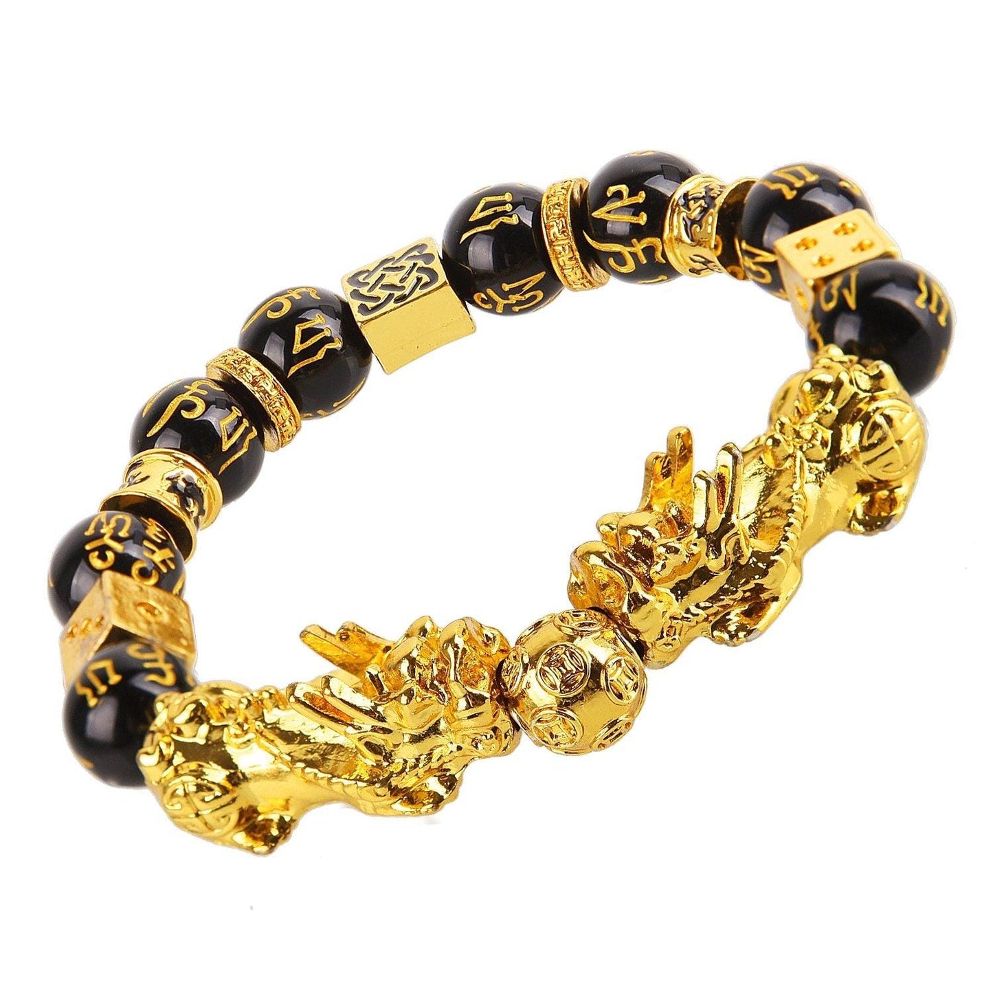 Obsidian Stone Beads Bracelet - Unisex Gold Black Pixiu Design