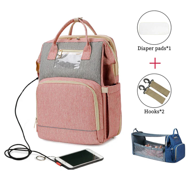 USB Diaper Bags Backpack Foldable Sunscreen Baby Bed Crib Bag Large Capacity Insulation Nursing Stroller Bag With Changing Mat - Korvel