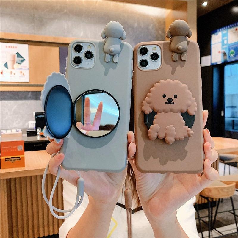3D Cute Cartoon Dog Mirror Stand Phone Case for iPhone