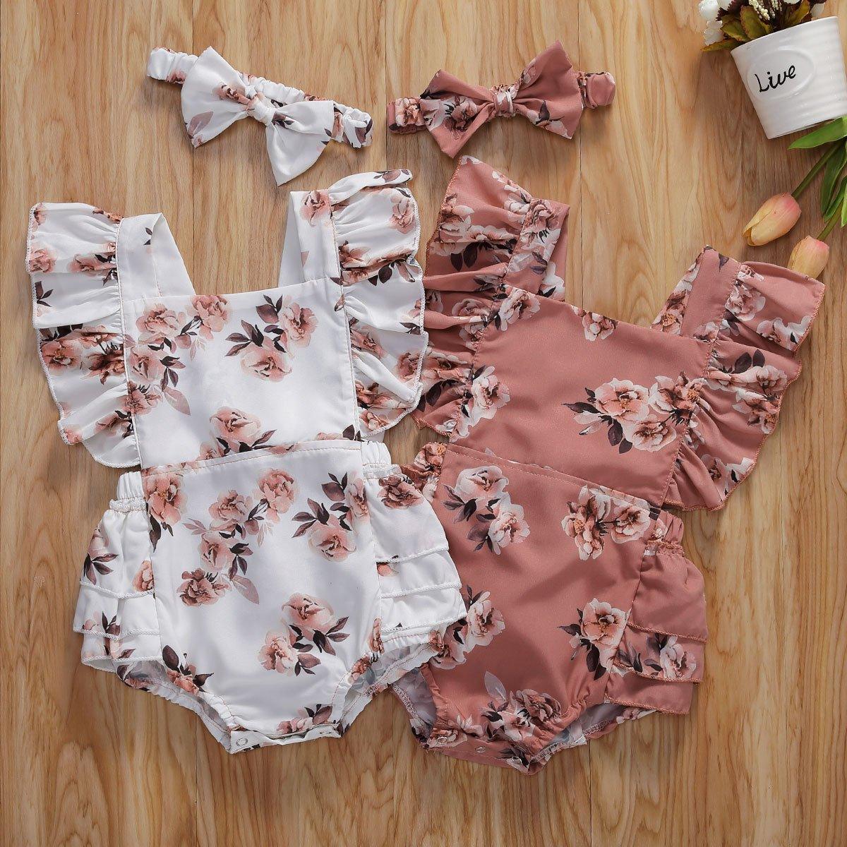 Combinaison à volants imprimée florale pour bébés filles avec bandeau