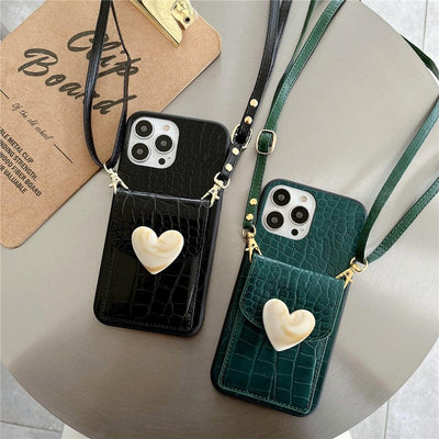 Coque de téléphone avec lanière noire Luxury Love pour iPhone