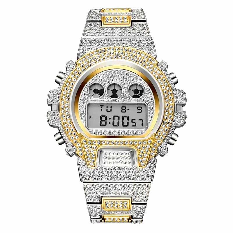 Montre numérique quartz LED dorée de luxe pour hommes