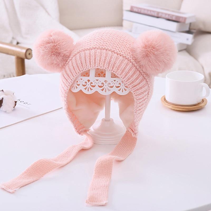 Handmade Modern Trend Winter Knitted Baby Hat with Double Pompoms