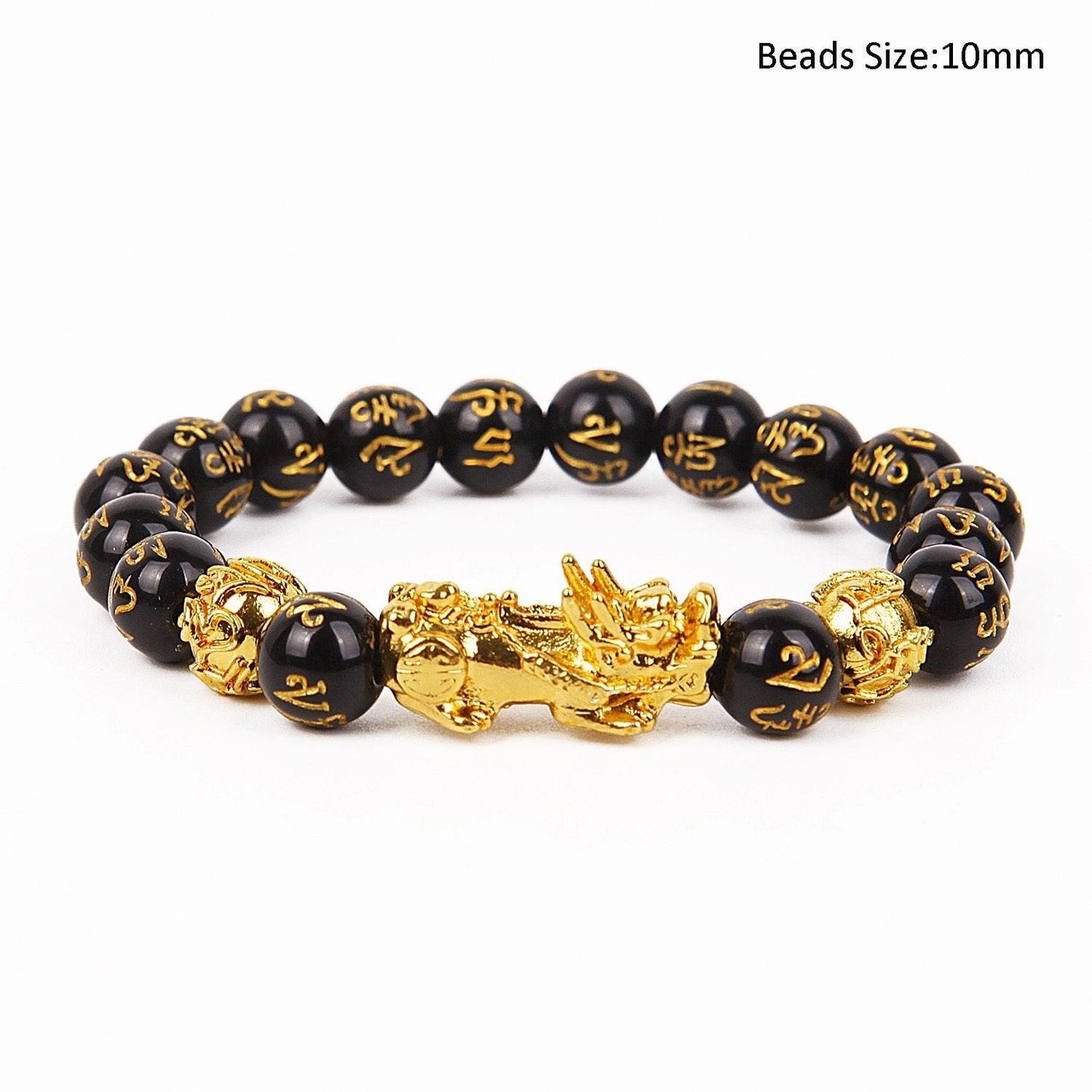 Obsidian Stone Beads Bracelet - Unisex Gold Black Pixiu Design
